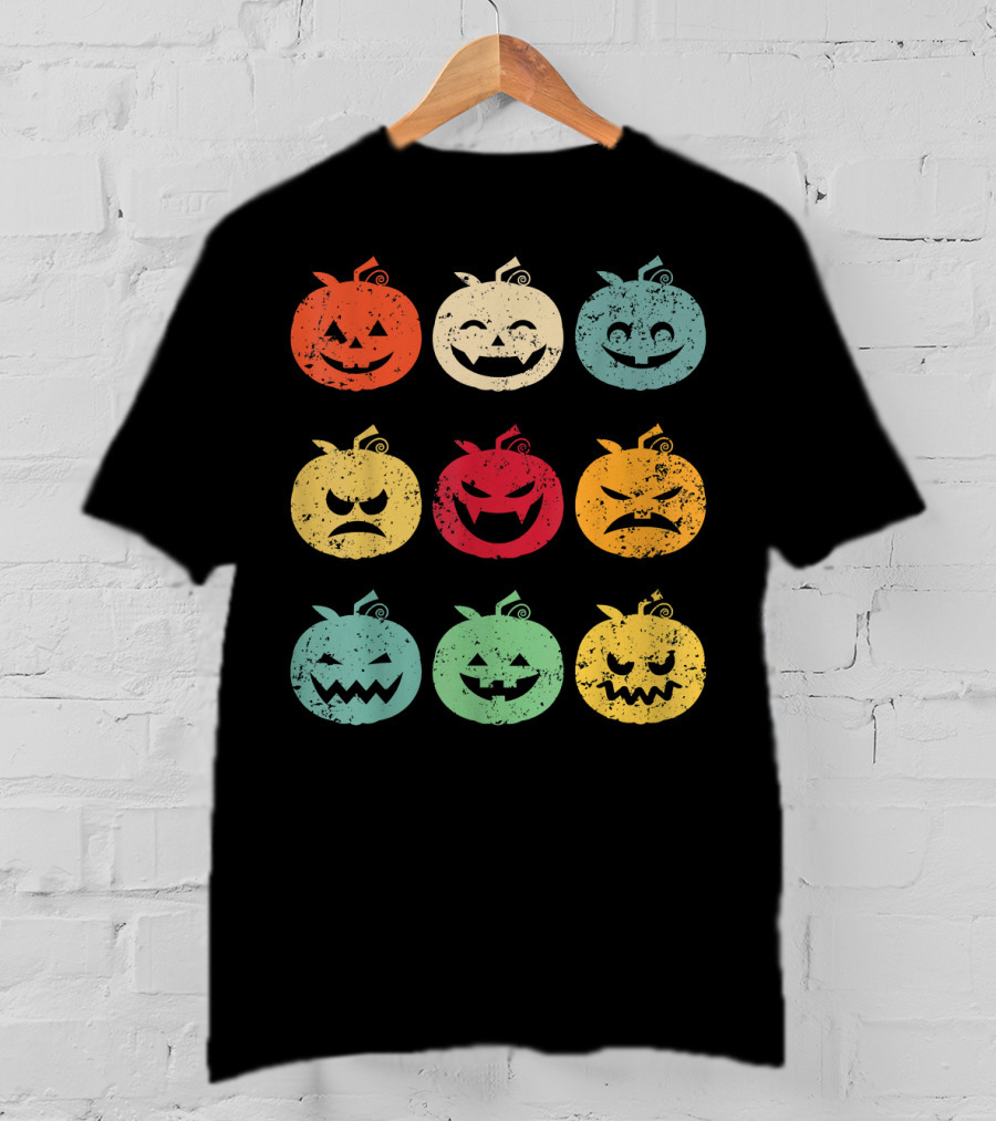 Vintage Pumpkin Emoji Halloween Faces In Nine Colorful Expressions T-Shirt