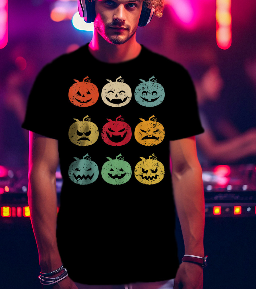 Vintage Pumpkin Emoji Halloween Faces In Nine Colorful Expressions T-Shirt