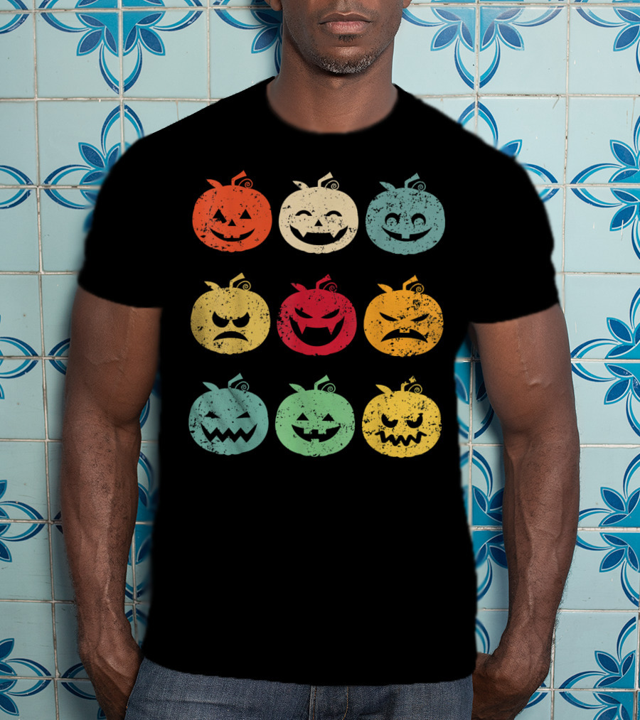 Vintage Pumpkin Emoji Halloween Faces In Nine Colorful Expressions T-Shirt