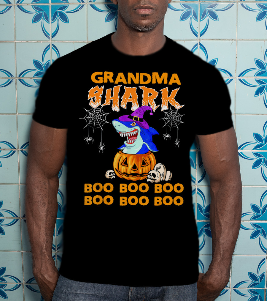 Grandma Shark Halloween Boo Boo Pumpkin Spider Webs T-Shirt