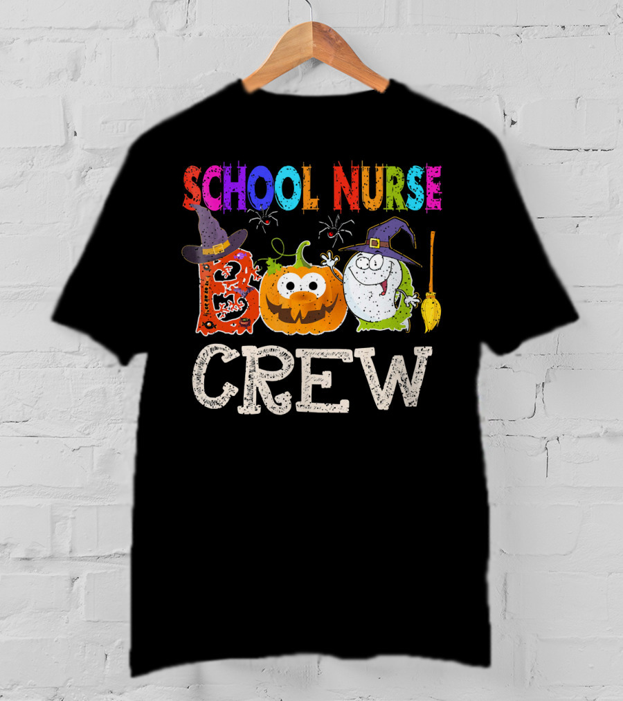 School Nurse Boo Crew Halloween Pumpkin Ghost Witches Hat Broom T-Shirt