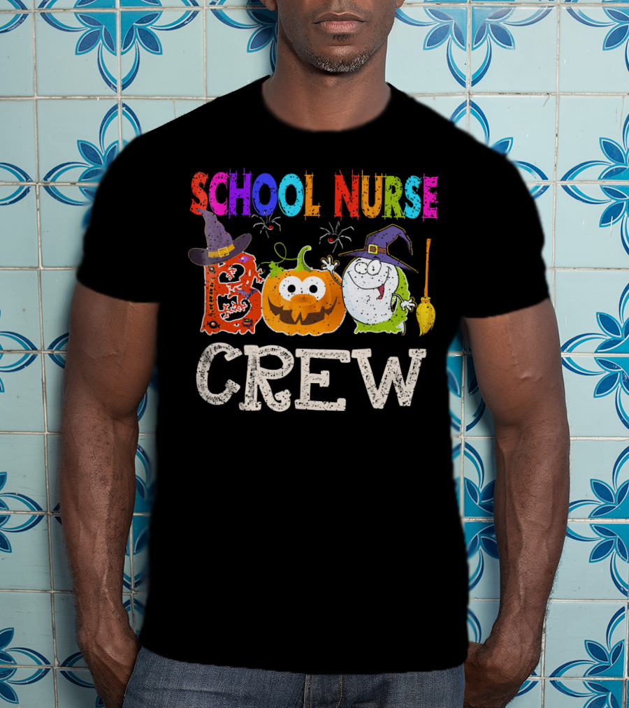 School Nurse Boo Crew Halloween Pumpkin Ghost Witches Hat Broom T-Shirt