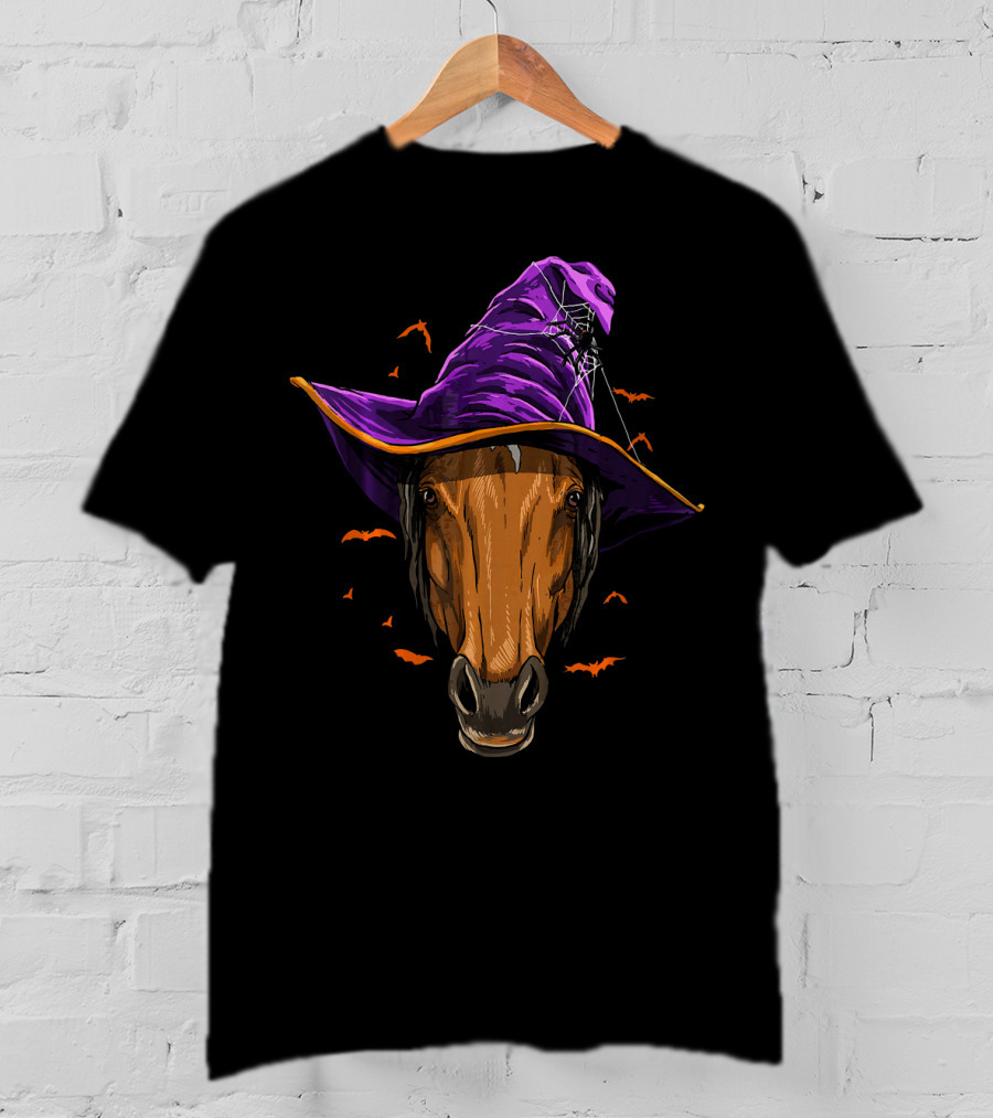 Horse With Purple Witch Hat Surrounded By Bats And Spider Web T-Shirt