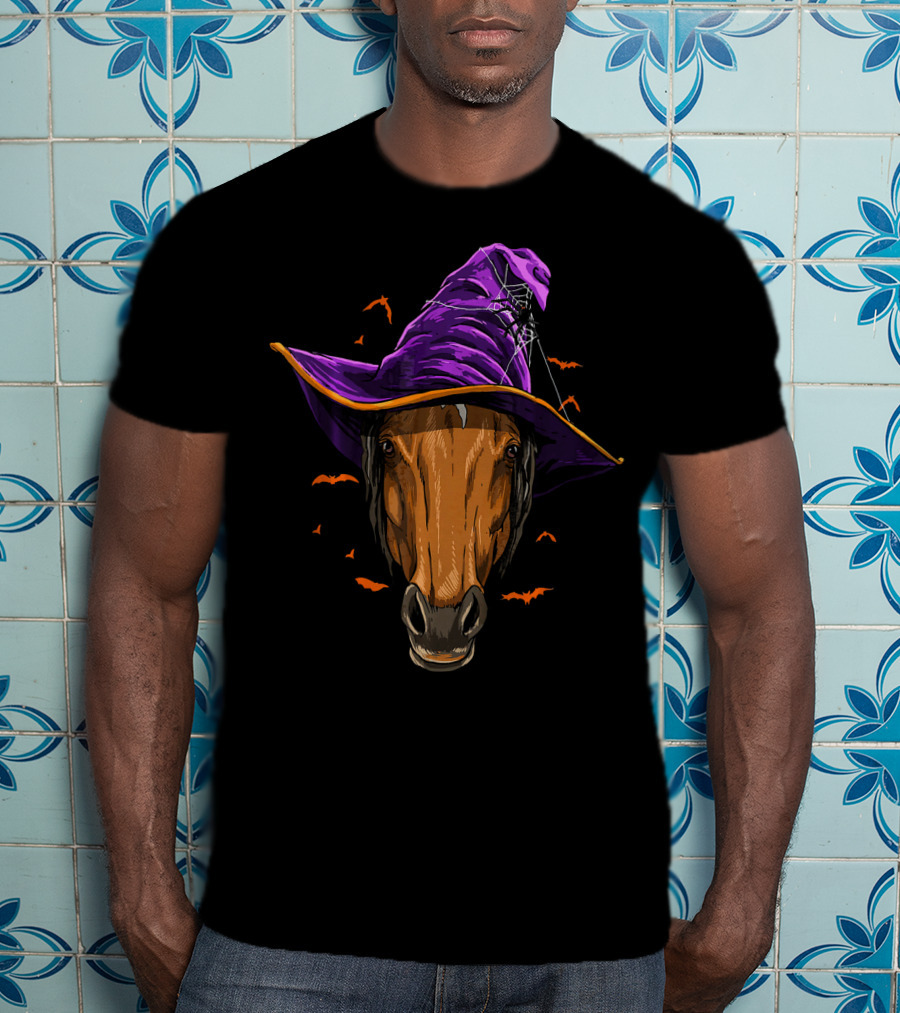 Horse With Purple Witch Hat Surrounded By Bats And Spider Web T-Shirt