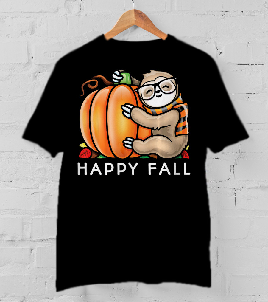 Happy Fall Cute Sloth Glasses Scarf Pumpkin Hug T-Shirt