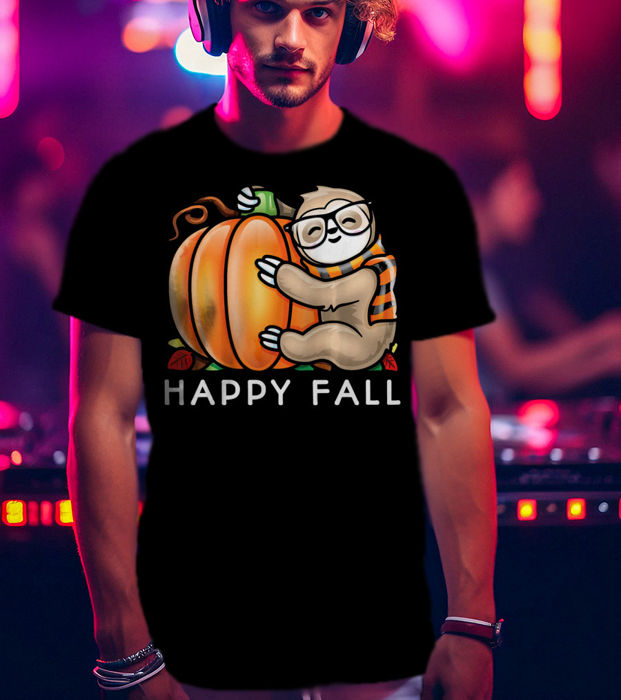 Happy Fall Cute Sloth Glasses Scarf Pumpkin Hug T-Shirt