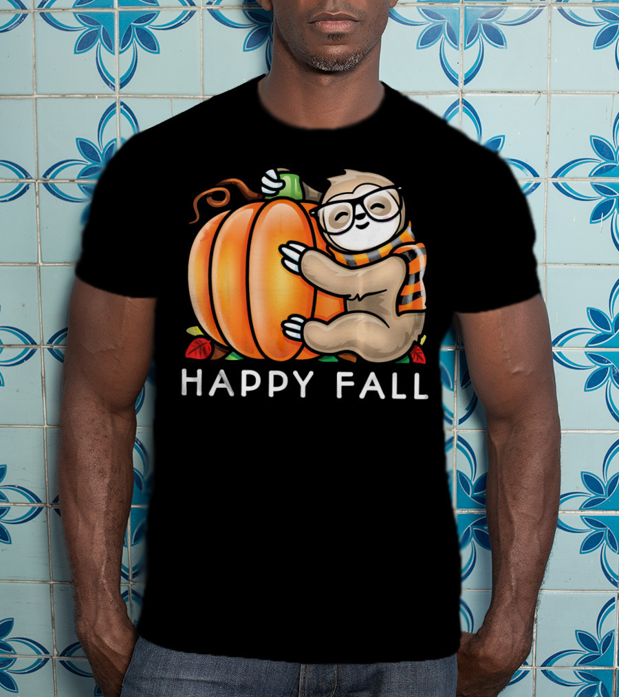 Happy Fall Cute Sloth Glasses Scarf Pumpkin Hug T-Shirt