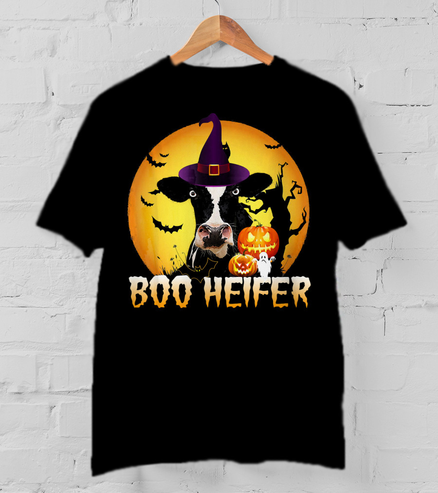 Boo Heifer Witch Hat Cow Halloween Moon Pumpkins Ghost T-Shirt