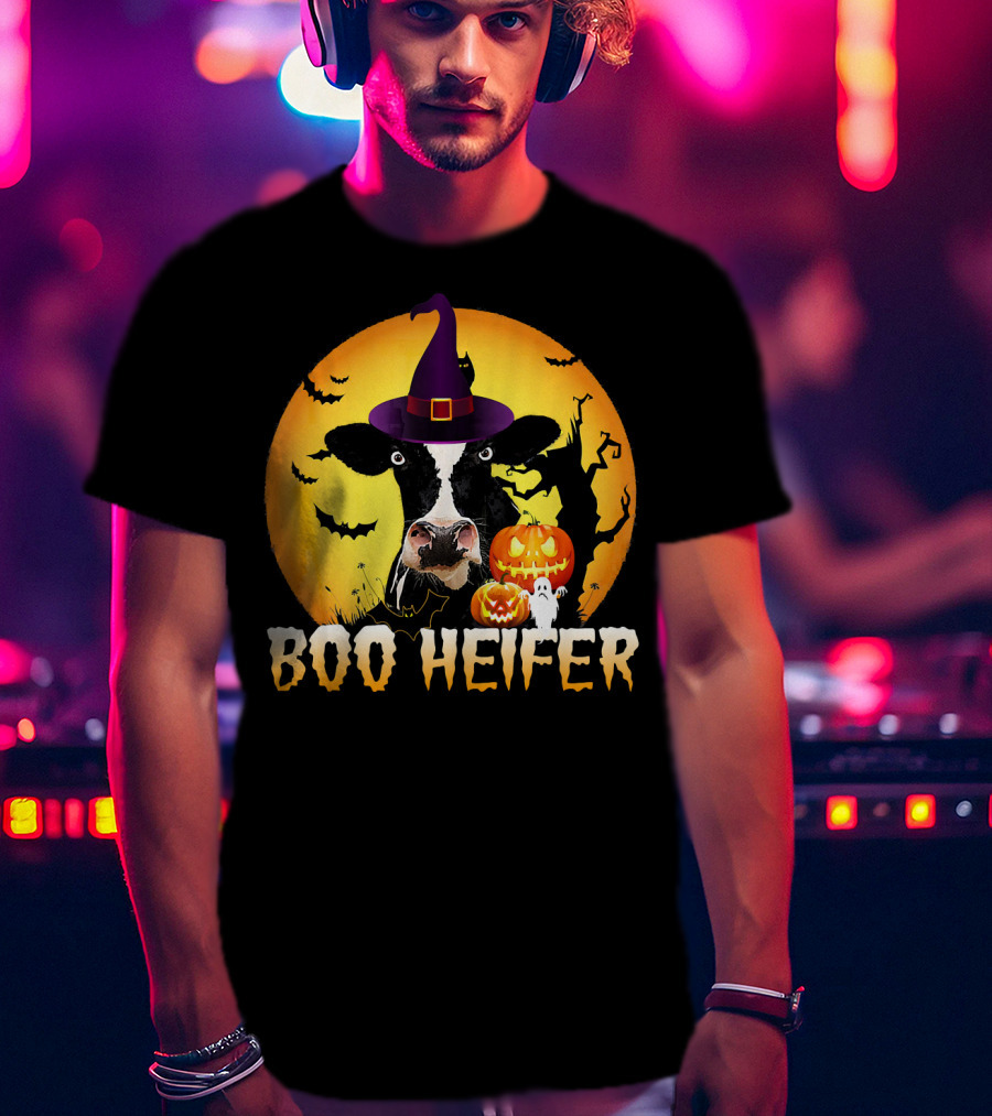 Boo Heifer Witch Hat Cow Halloween Moon Pumpkins Ghost T-Shirt