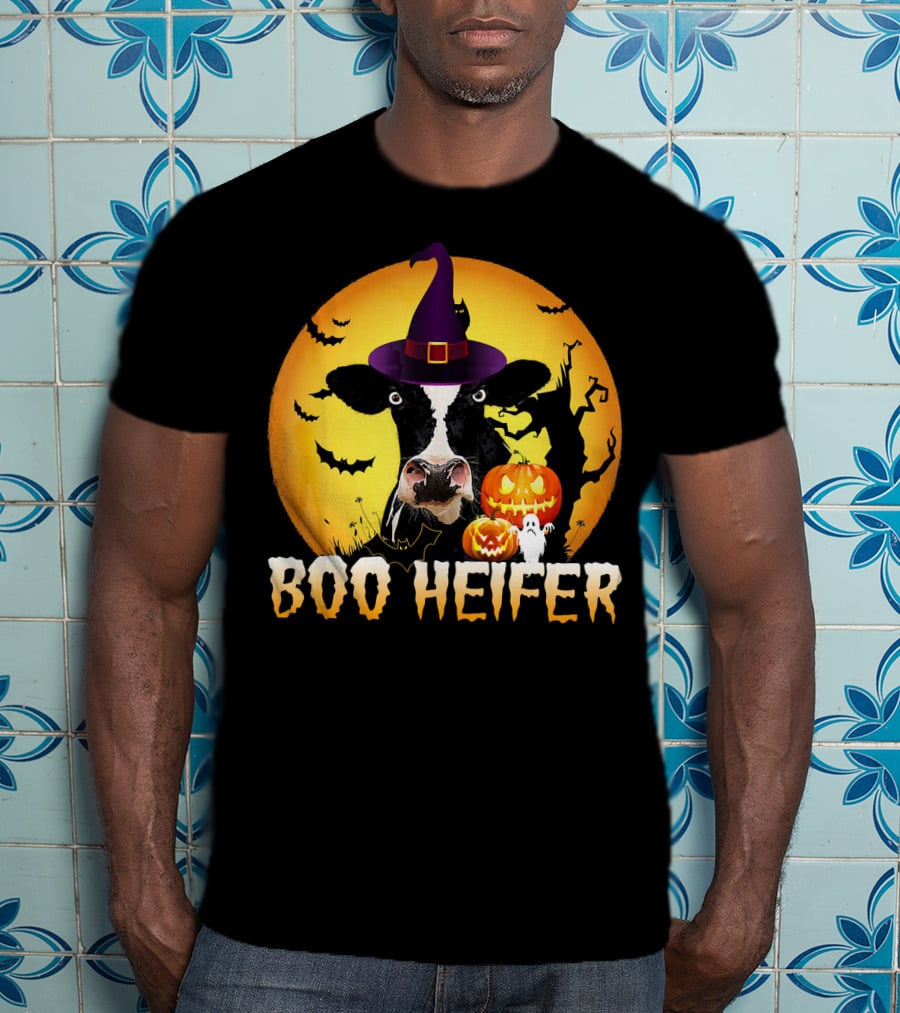 Boo Heifer Witch Hat Cow Halloween Moon Pumpkins Ghost T-Shirt