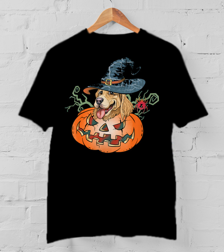 Halloween Golden Retriever Dog Lover Pumpkin Wizard Hat And Spider T-Shirt