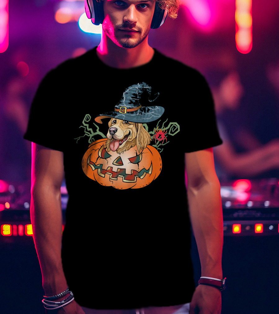 Halloween Golden Retriever Dog Lover Pumpkin Wizard Hat And Spider T-Shirt