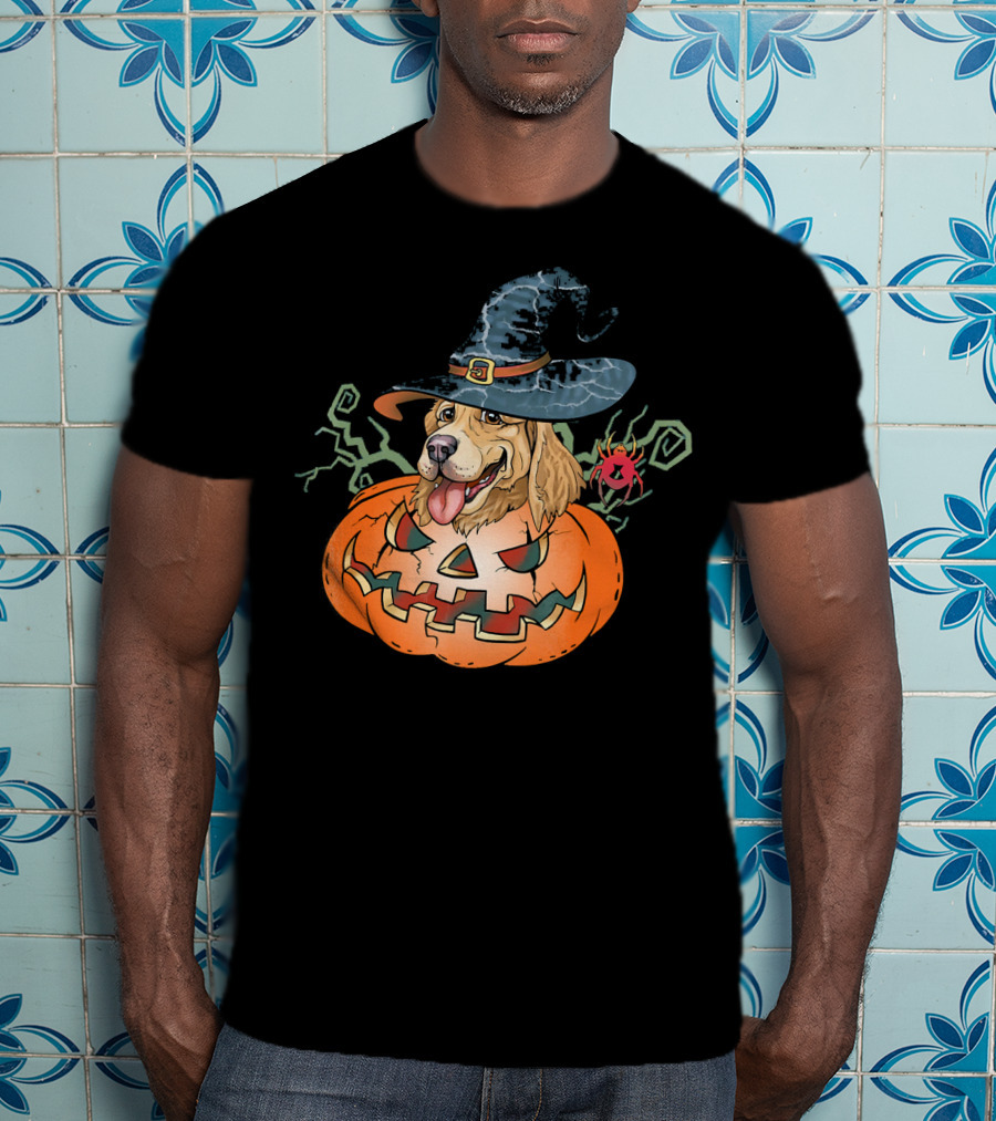 Halloween Golden Retriever Dog Lover Pumpkin Wizard Hat And Spider T-Shirt