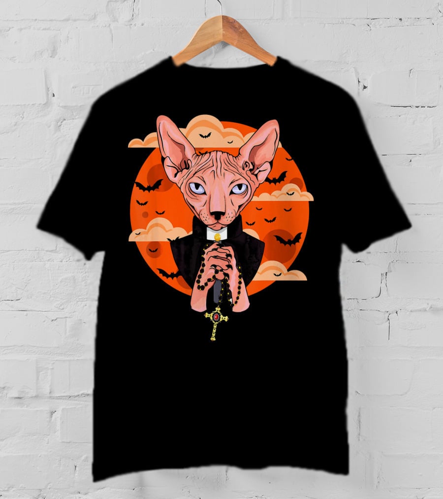 Funny Sphynx Priest With Rosary And Bats Hall T-Shirt