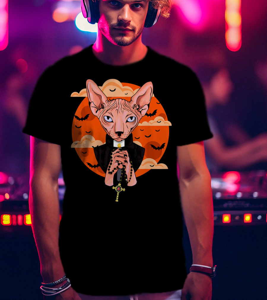 Funny Sphynx Priest With Rosary And Bats Hall T-Shirt