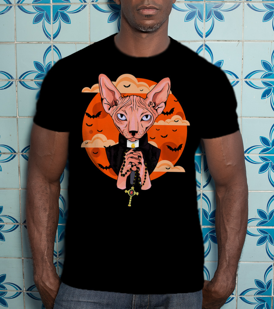 Funny Sphynx Priest With Rosary And Bats Hall T-Shirt