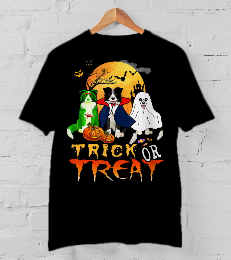 Trick Or Treat Halloween Border Collie Costumes Pumpkins Haunted Moon T-Shirt