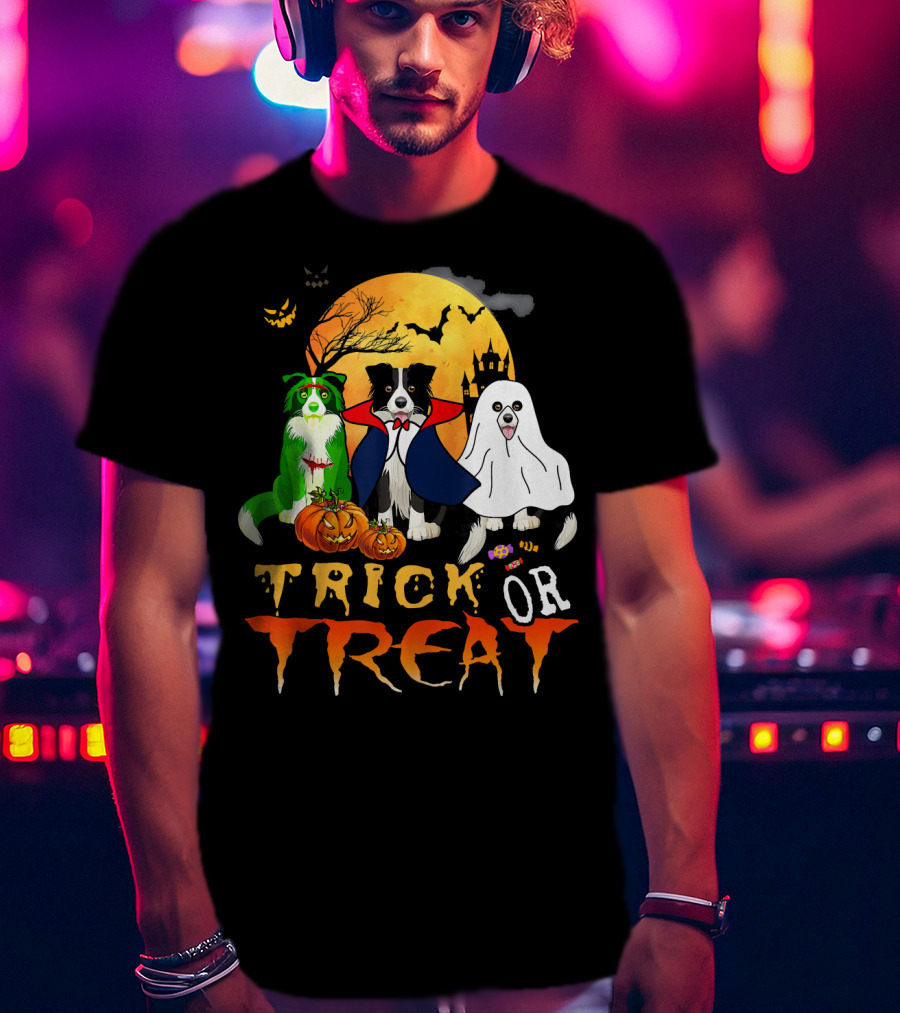 Trick Or Treat Halloween Border Collie Costumes Pumpkins Haunted Moon T-Shirt