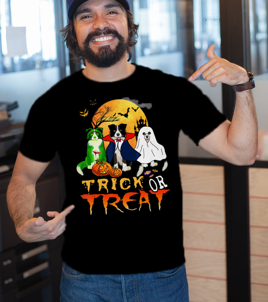 Trick Or Treat Halloween Border Collie Costumes Pumpkins Haunted Moon T-Shirt
