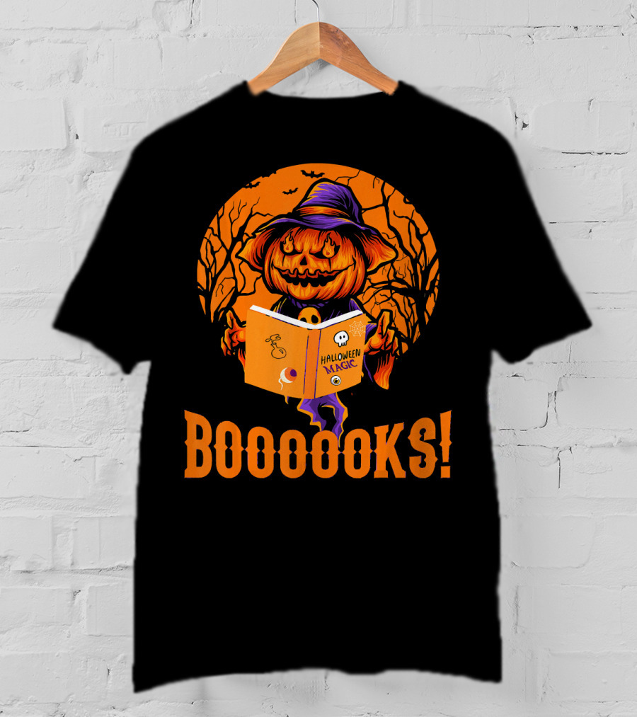 BOOOOKS Halloween Magic Pumpkin Reading Spooky Trees T-Shirt