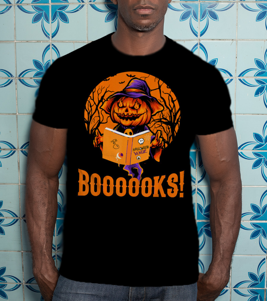 BOOOOKS Halloween Magic Pumpkin Reading Spooky Trees T-Shirt