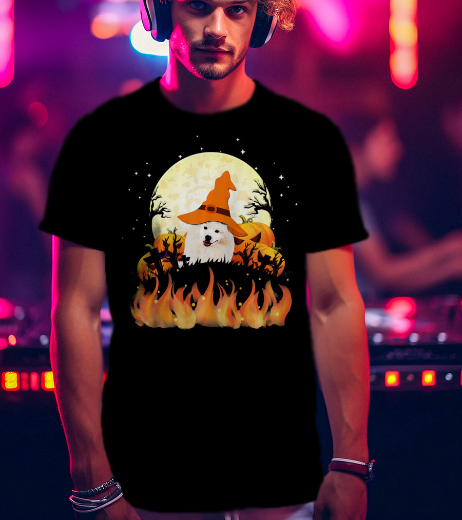 American Eskimo Dog Halloween Witch Moon Pumpkins Flames T-Shirt