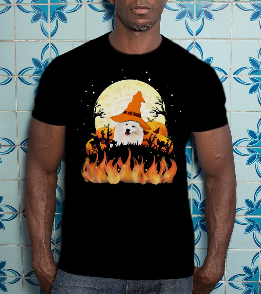 American Eskimo Dog Halloween Witch Moon Pumpkins Flames T-Shirt