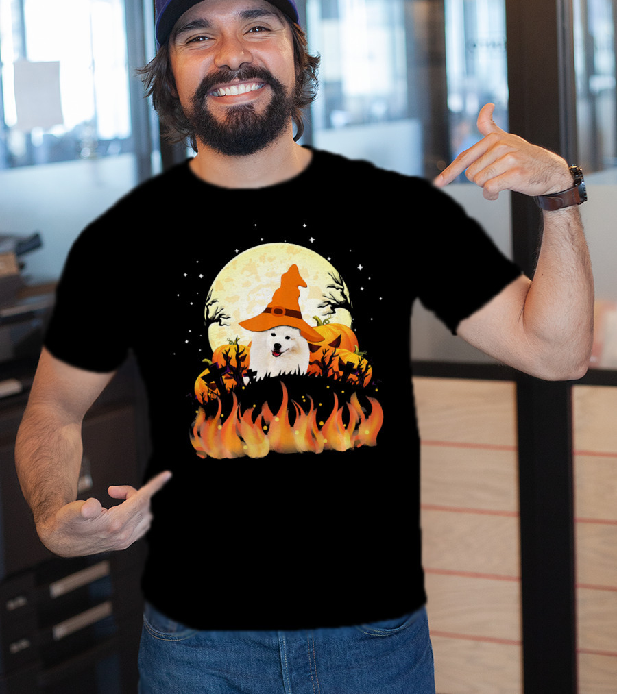 American Eskimo Dog Halloween Witch Moon Pumpkins Flames T-Shirt