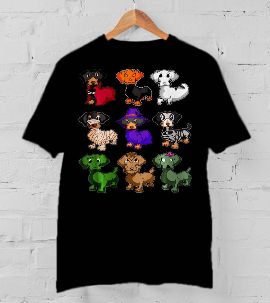Dachshund Halloween Costumes Dracula Pumpkin Ghost Mummy Witch Skeleton Zombie Frankenstein T-Shirt