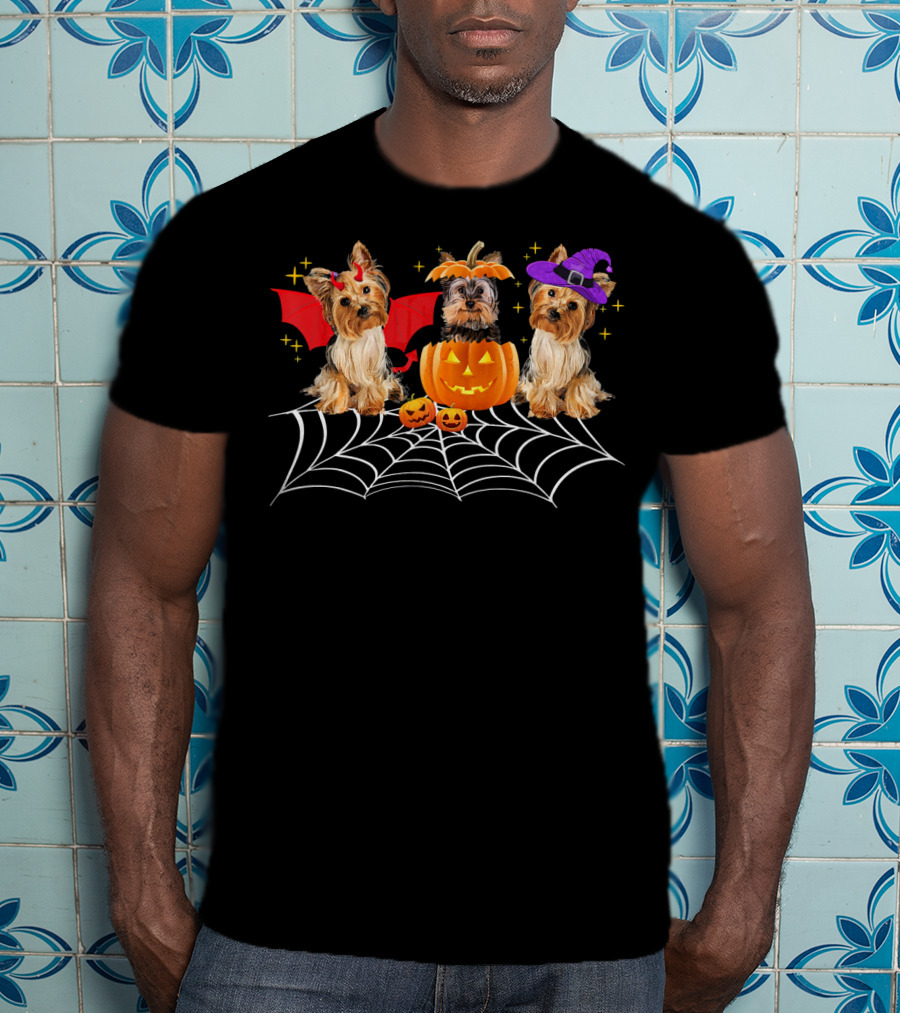 Halloween Yorkshire Terriers Pumpkin Bat Witch Spider Web T-Shirt