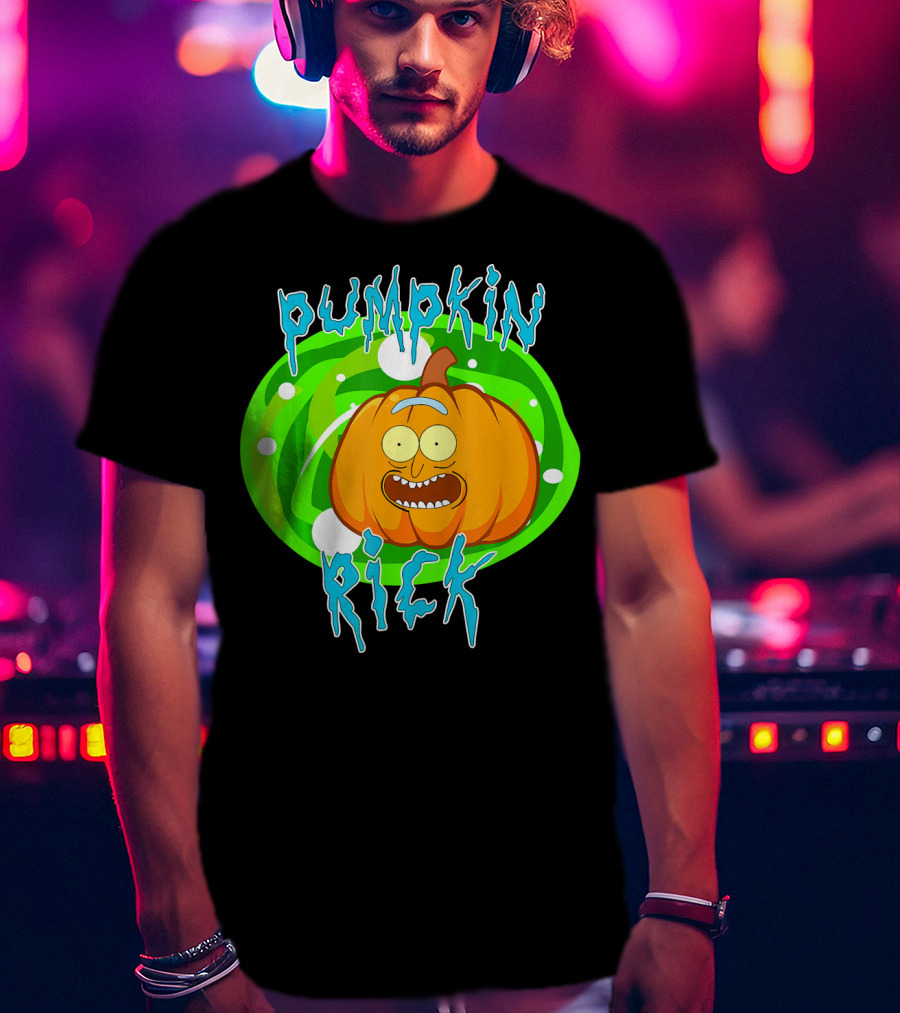 Pumpkin Rick Halloween Parody With Green Portal And Cartoon Face T-Shirt