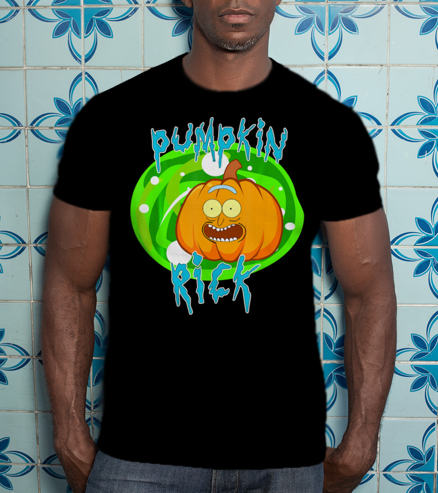 Pumpkin Rick Halloween Parody With Green Portal And Cartoon Face T-Shirt