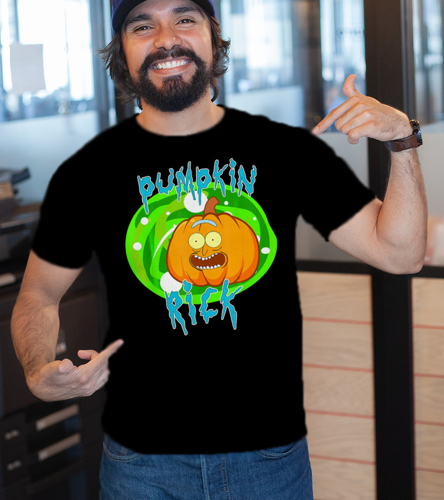 Pumpkin Rick Halloween Parody With Green Portal And Cartoon Face T-Shirt