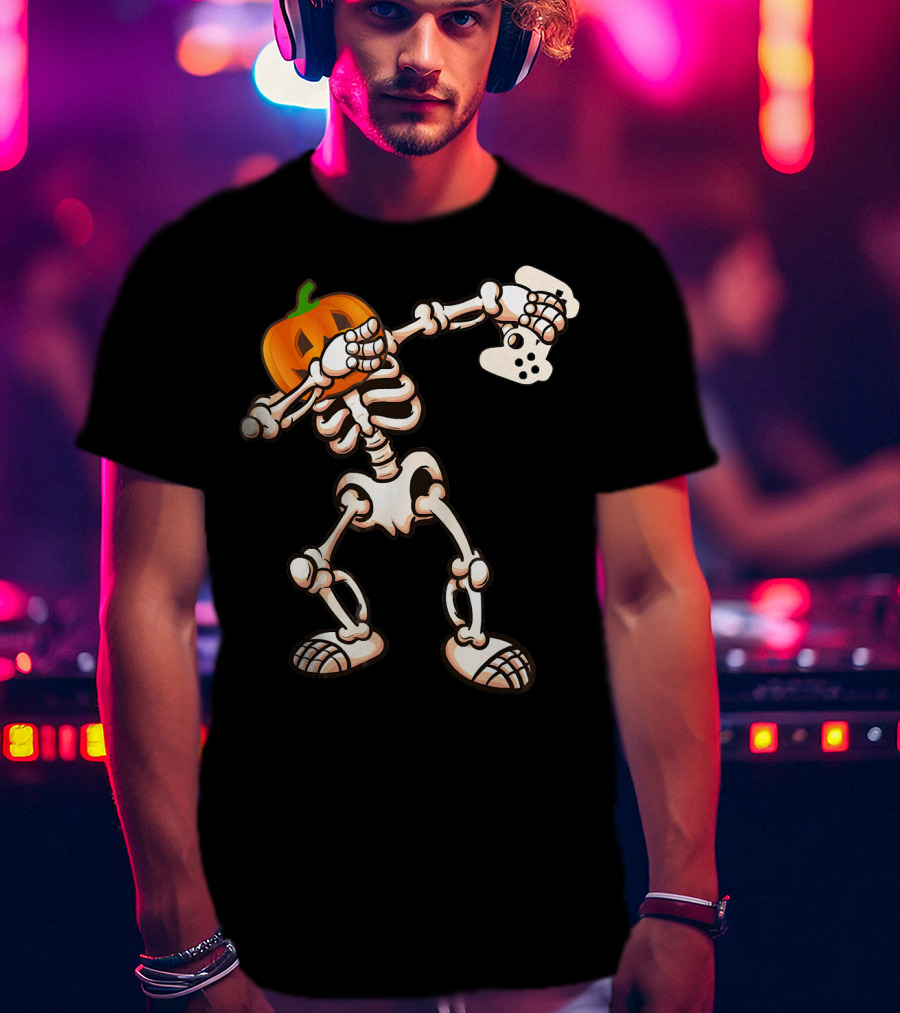 Halloween Dabbing Skeleton Pumpkin Head Video Game Controller T-Shirt
