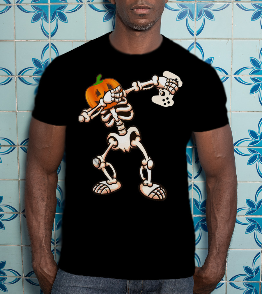 Halloween Dabbing Skeleton Pumpkin Head Video Game Controller T-Shirt