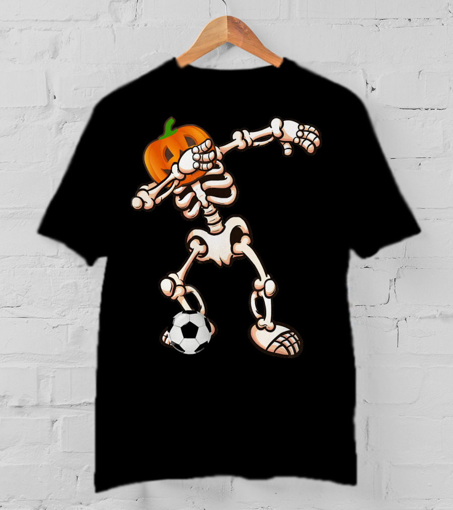 Funny Halloween Dabbing Skeleton Pumpkin Head With Soccer Ball T-Shirt