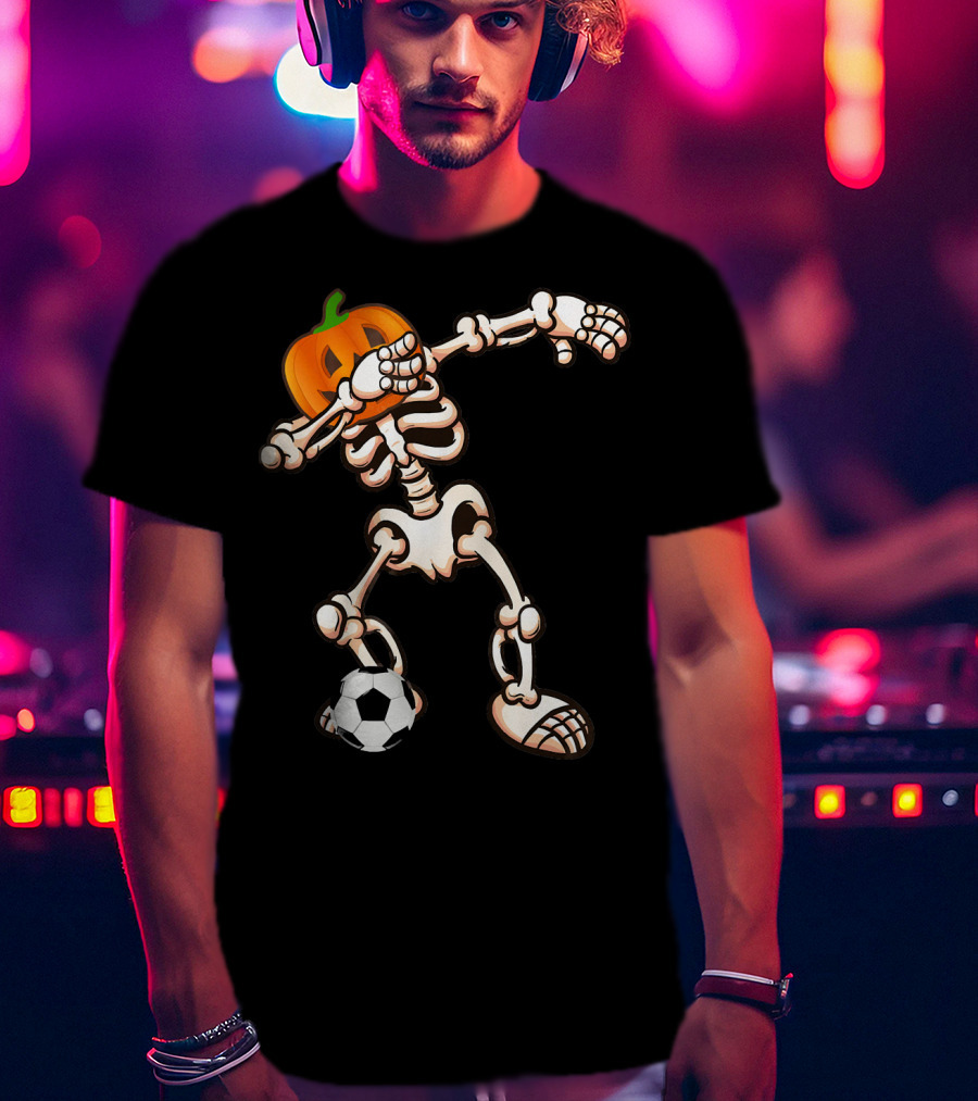 Funny Halloween Dabbing Skeleton Pumpkin Head With Soccer Ball T-Shirt