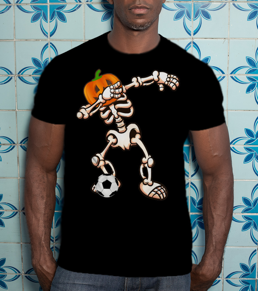 Funny Halloween Dabbing Skeleton Pumpkin Head With Soccer Ball T-Shirt