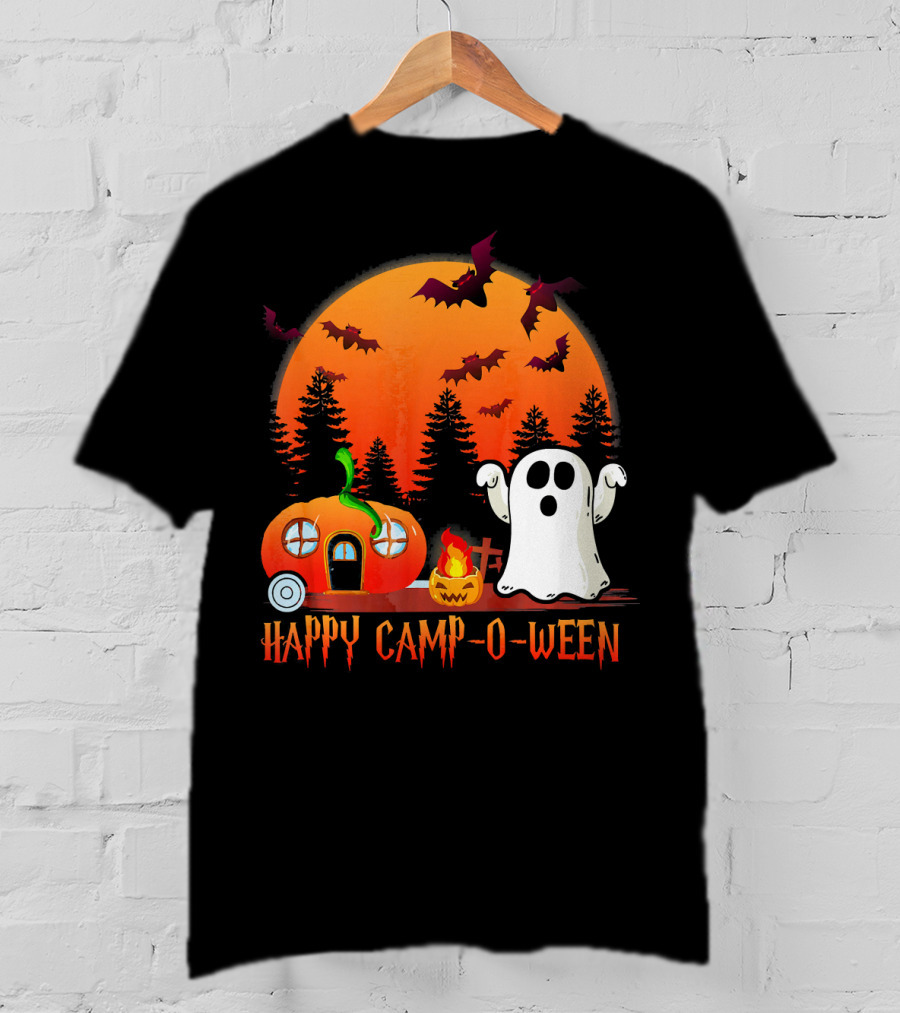 Happy Camp O Ween Funny Pumpkin Boo Ghost Moon With Bat Silhouette In Spooky Forest T-Shirt