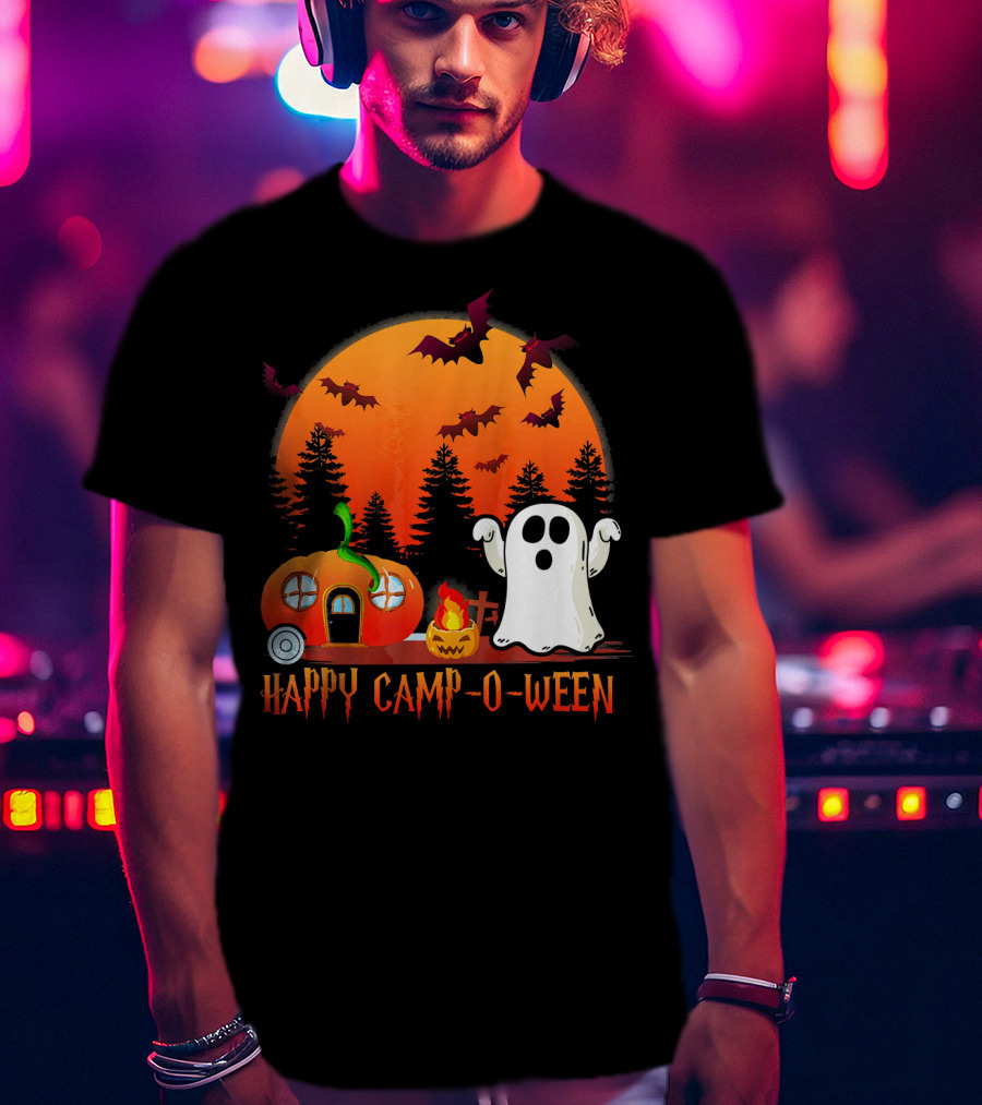 Happy Camp O Ween Funny Pumpkin Boo Ghost Moon With Bat Silhouette In Spooky Forest T-Shirt