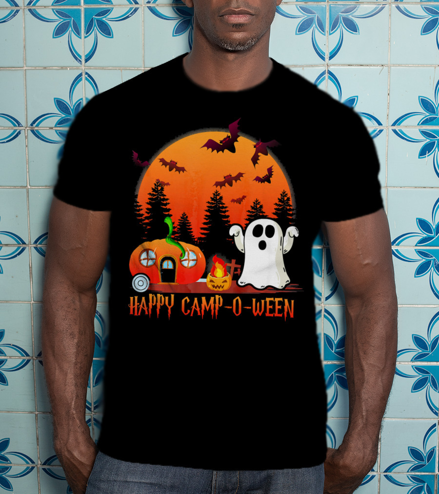 Happy Camp O Ween Funny Pumpkin Boo Ghost Moon With Bat Silhouette In Spooky Forest T-Shirt