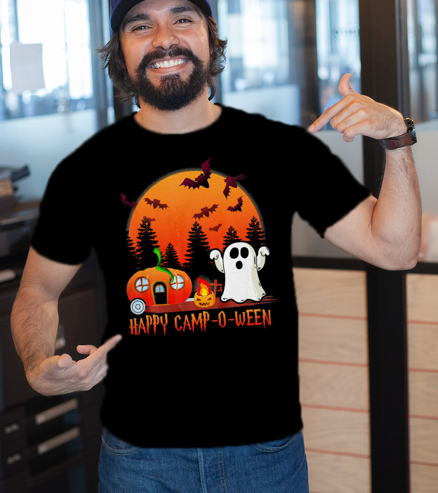 Happy Camp O Ween Funny Pumpkin Boo Ghost Moon With Bat Silhouette In Spooky Forest T-Shirt