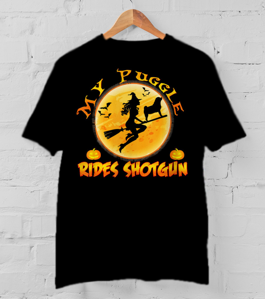 Halloween Witch And Puggle Rides Shotgun Full Moon Pumpkin T-Shirt