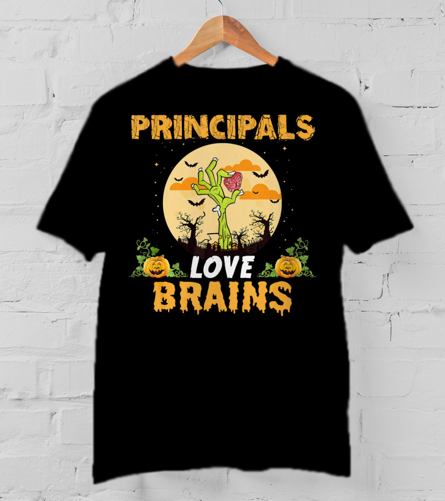 Principals Love Brains Zombies Halloween Moon Bats Pumpkins T-Shirt