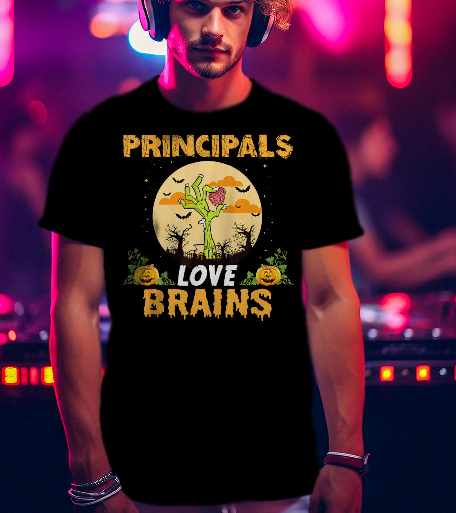Principals Love Brains Zombies Halloween Moon Bats Pumpkins T-Shirt