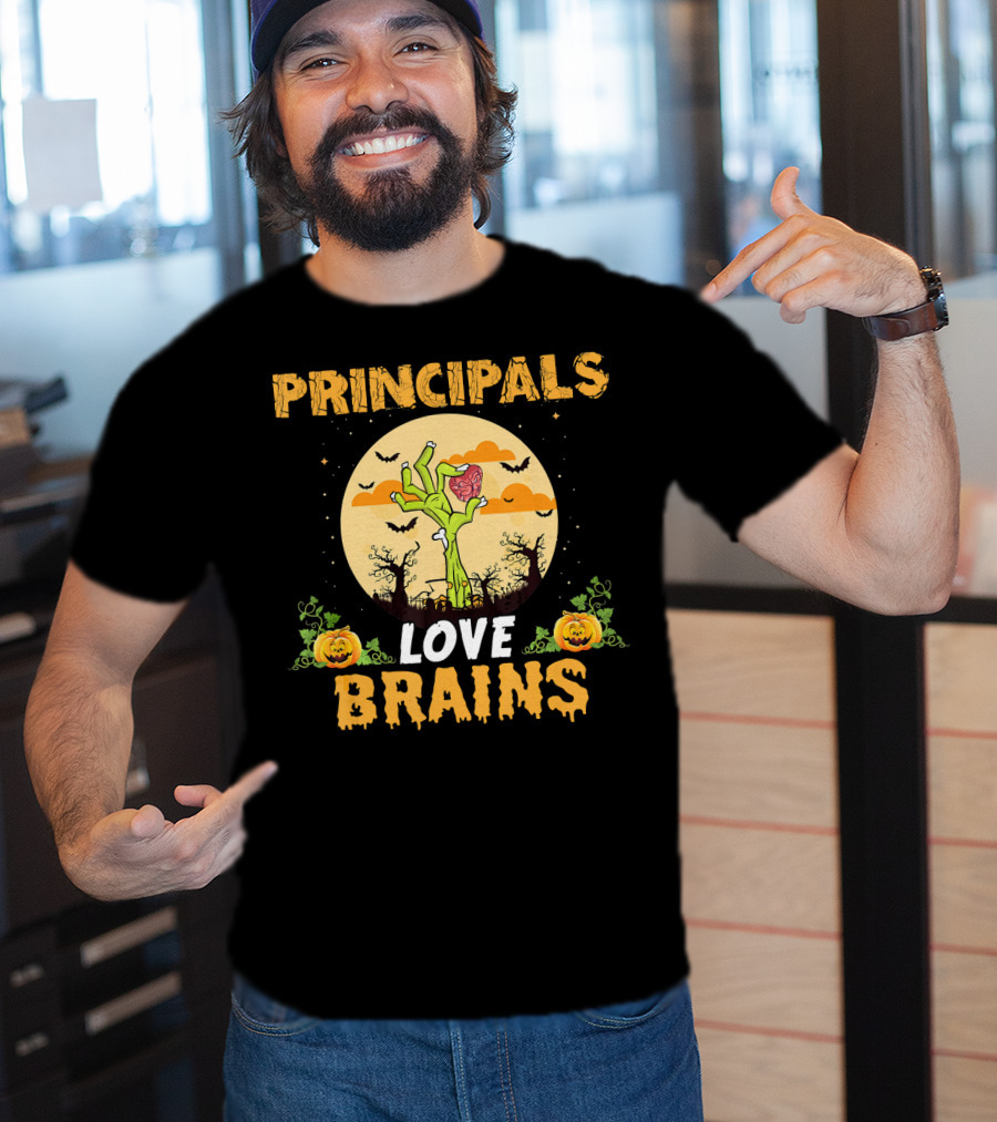 Principals Love Brains Zombies Halloween Moon Bats Pumpkins T-Shirt