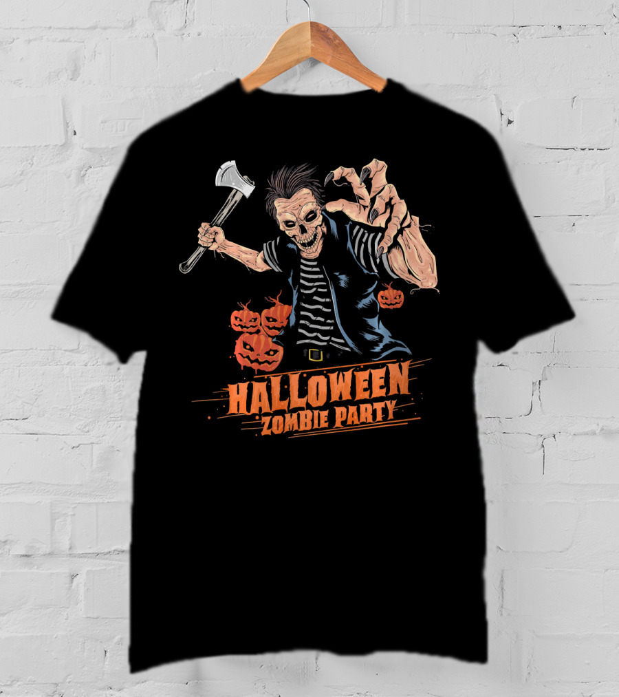 Halloween Zombie Party Scary Zom Axe-Wielding Zombie And Pumpkins T-Shirt