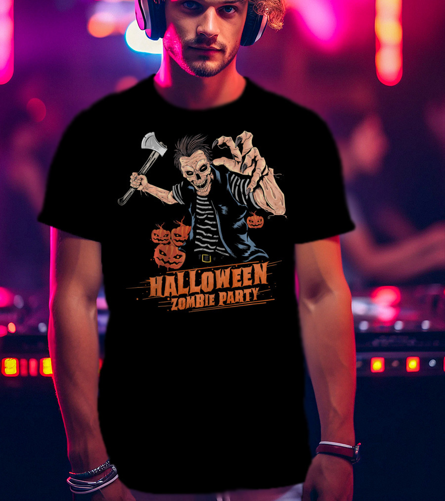 Halloween Zombie Party Scary Zom Axe-Wielding Zombie And Pumpkins T-Shirt