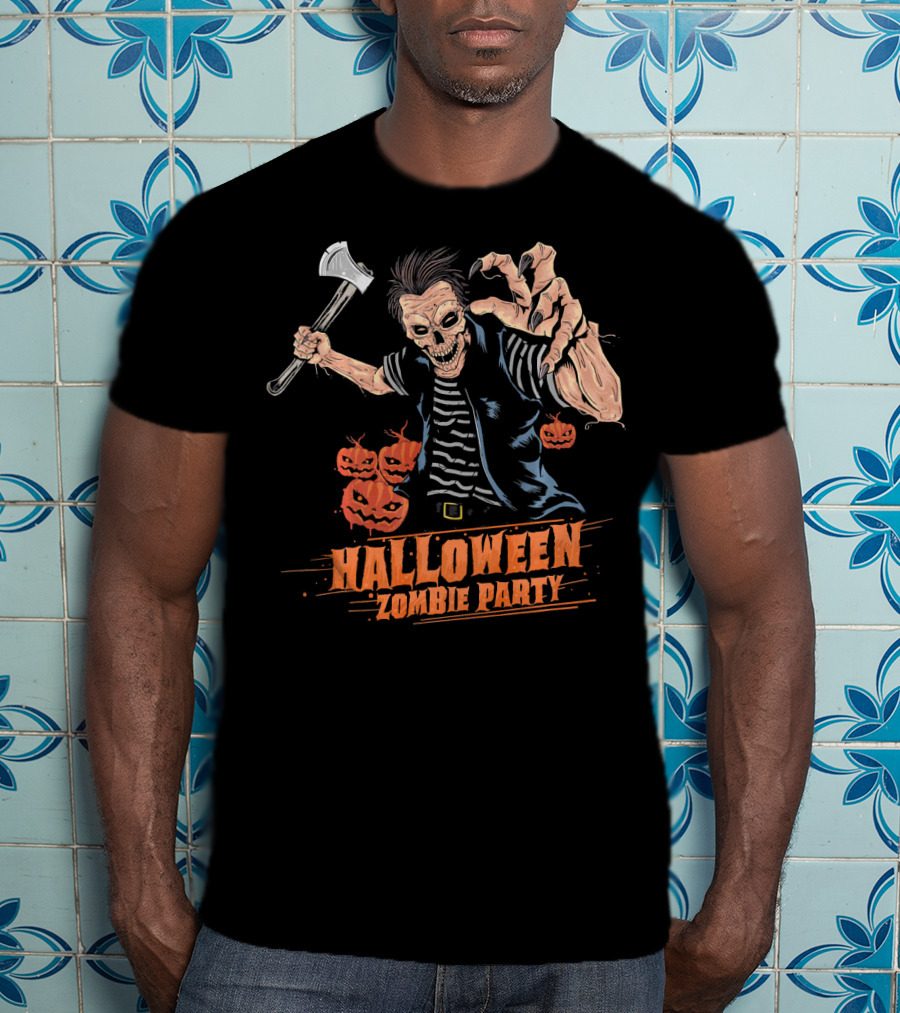 Halloween Zombie Party Scary Zom Axe-Wielding Zombie And Pumpkins T-Shirt