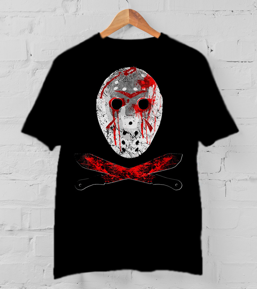 Friday The 13th Jason Mask Bloody Machete Crossed Horror T-Shirt